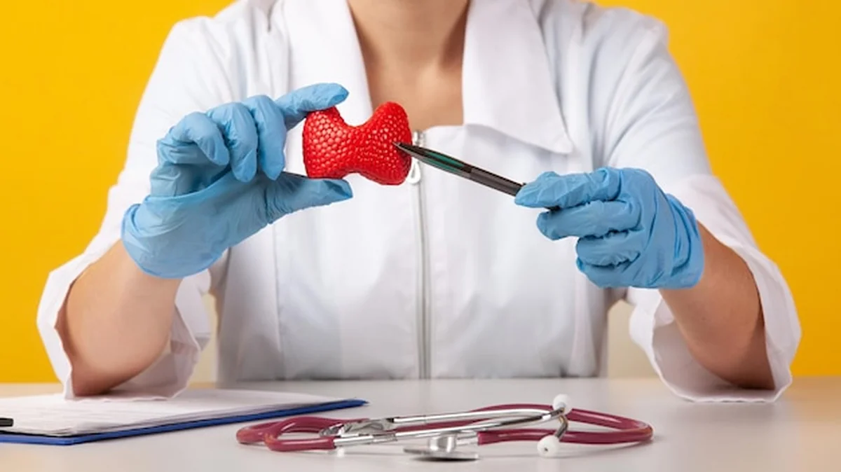 Kobieta wskazuje na model anatomiczny tarczycy